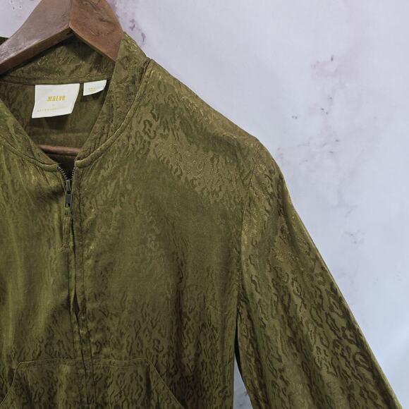 Anthropologie Jacket Womens Small Green Bomber Zip Silky Maeve Olive Leopard - Picture 9 of 11